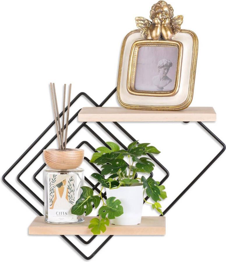 Wandrek zwart metaal 2-laags moderne wandplanken wanddecoratie slaapkamer hout zwevend rek