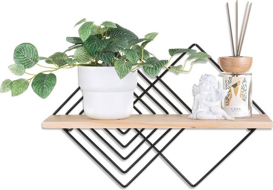 Wandrek zwart metaal wandrek moderne wandplanken wanddecoratie woonkamer hout zwevend rek