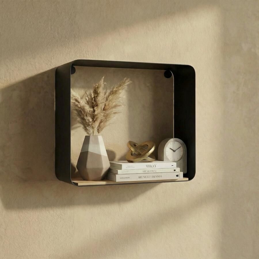 Galeara Design Wandrek zwart vierkant 18cm breed x 18cm hoog x 12cm diepte . Wandrek zwart met hout wandplank Zoox Wandschappen design metaal - Foto 2