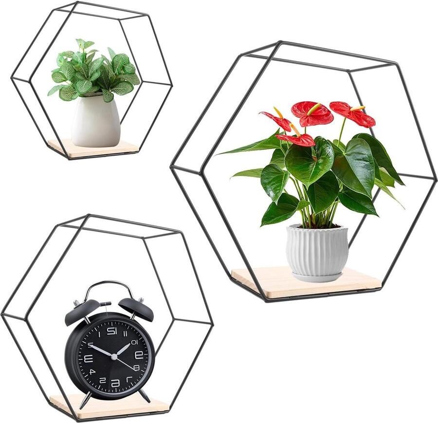 Senza Marchio Wandrek zwart zeshoekig metaal decoratieve plank set van 3 muurhaken slaapkamer woonkamer