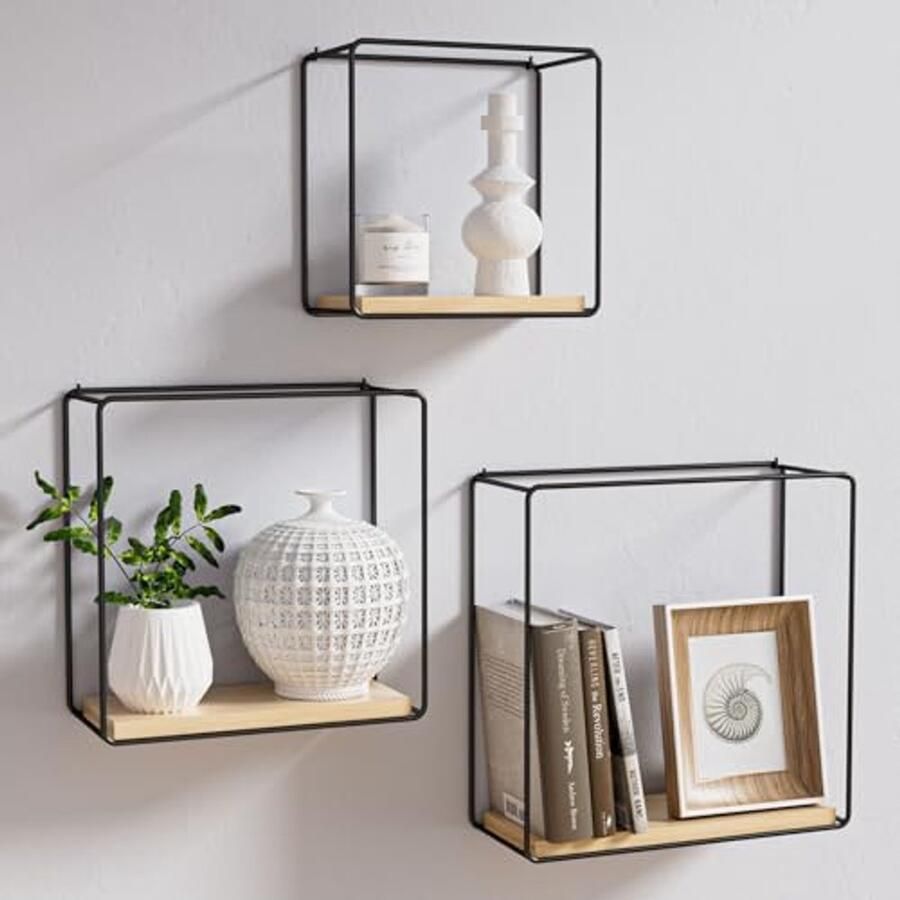 Wandrek Zwart Zwevend Metalen Rek in 3 Maten Houtnerf en Bamboe Planken voor Woonkamer Keuken Slaapkamer en Kantoor