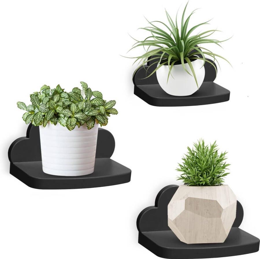 Wandrek zwevend rek 3-delige set creatief voor slaapkamer woonkamer keuken en hal wolken wandplank klein formaat wolken klein formaat zwart