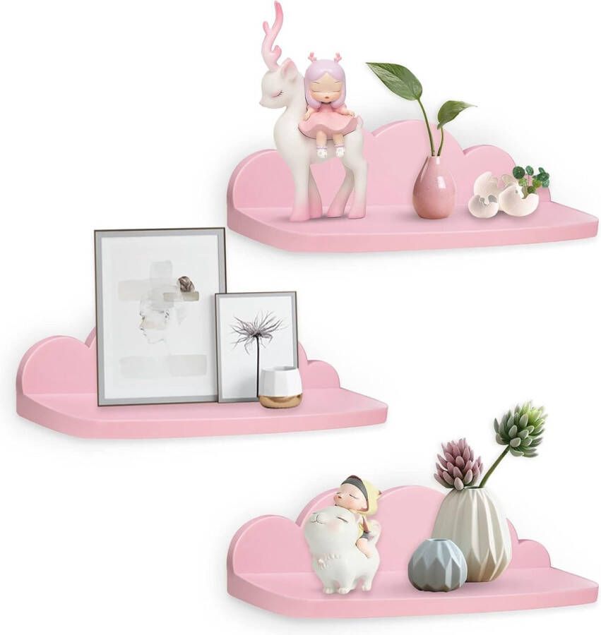 Wandrek zwevend rek 3-delige set hangend creatief voor slaapkamer woonkamer keuken en gang wolken wandplank kleine afmetingen wolken 45 cm roze-L