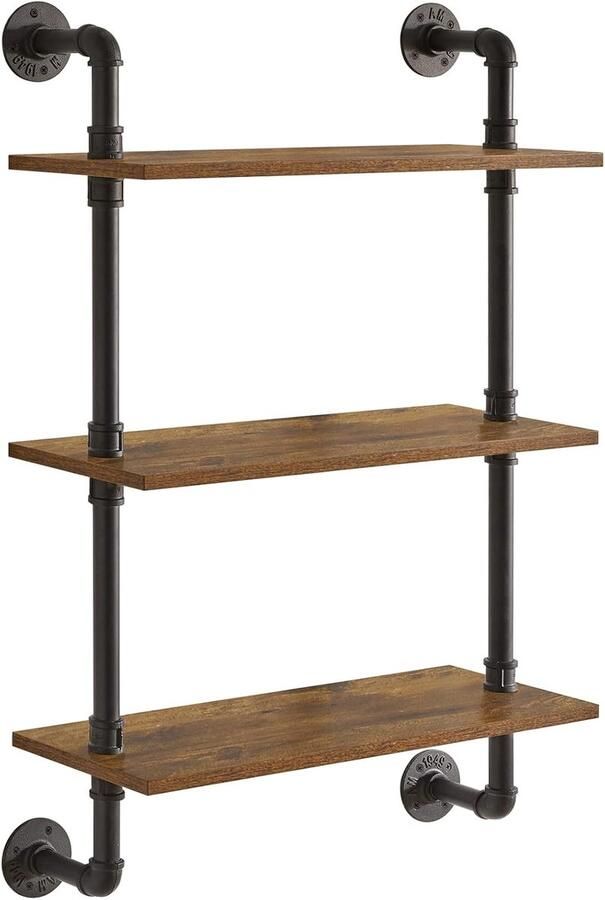 Wandrek zwevend rek met 3 verdiepingen houten wandboard in retro industrieel design 60 cm stabiel metalen frame staand rek wanddecoratie voor woonkamer keuken badkamer