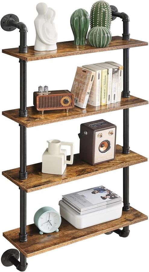 Wandrek zwevend rek met 4 verdiepingen hout wandboard in retro industrieel design 60 cm voor boeken decoratie planten wijnflessen stabiel metalen frame voor keuken woonkamer kantoor