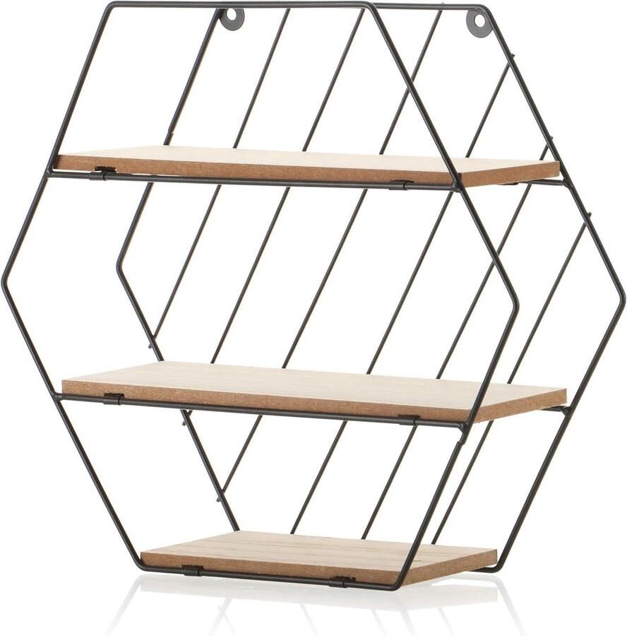 Hexagon wandplank van metaal en hout met 3 planken Zwarte zwevende plank in industrieel design Zeshoekige hangplank als wanddecoratie (bruin + zwart) hexagon shelves