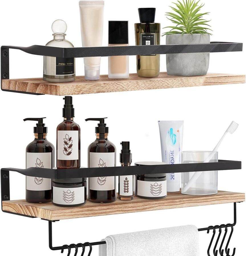 Zwevend rustiek houten wandrek met handdoekhouder set van 2 in lichtbruin voor elke ruimte!