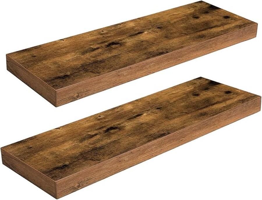 Wandrek zwevend rek set van 2 stabiele wandplanken hangplanken met onzichtbare houders voor slaapkamer keuken kantoor badkamer Rustiek Bruin EBF60BJ01