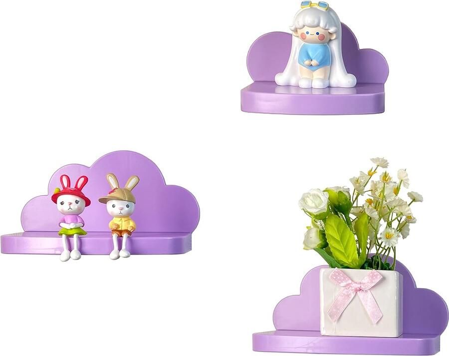 Wandrek zwevend rek set van 3 hangend creatief voor slaapkamer woonkamer keuken en hal wolken wandplank klein formaat wolken klein formaat paars