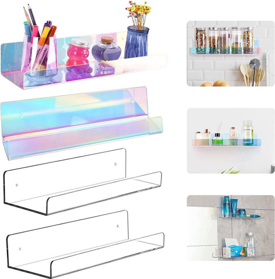 WASYPLSFOI Wall Shelf Floating Shelf Children's Bookcase Bathroom Wall Shelf Storage Organiser Acrylic Pack of 4 Clear & Rainbow