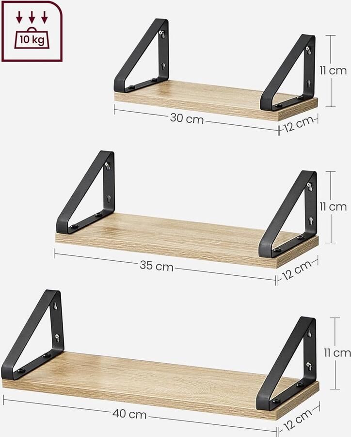 Wandrek zwevende plank 3 stuks 2 montagemogelijkheden hangend opbergrek voor woonkamer keuken kantoor badkamer kleur eiken en zwart