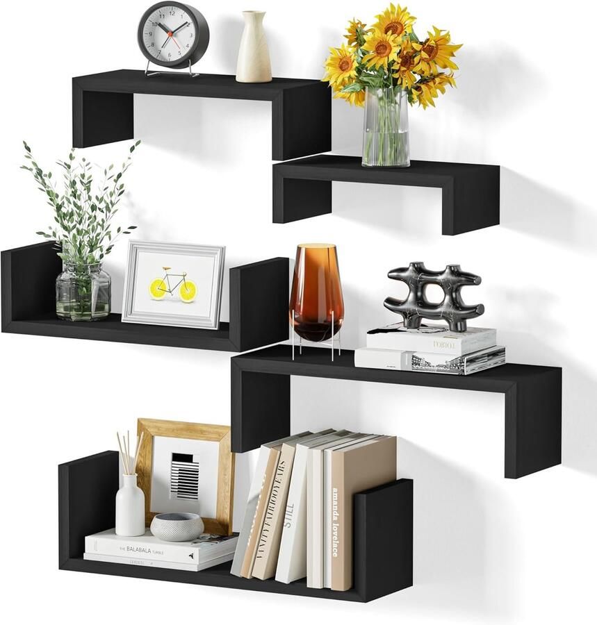 Wandrek zwevende planken 5 stuks zwart