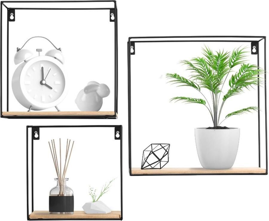 Happy Goods Happy Goods Wandrek Set van 3 Zwevend Vierkant Industrieel Wanddecoratie Metaal hout Boekenrek Wandkast Woondecoratie Halmeubel Woonkamer Decoratie Wandmeubel - Foto 4