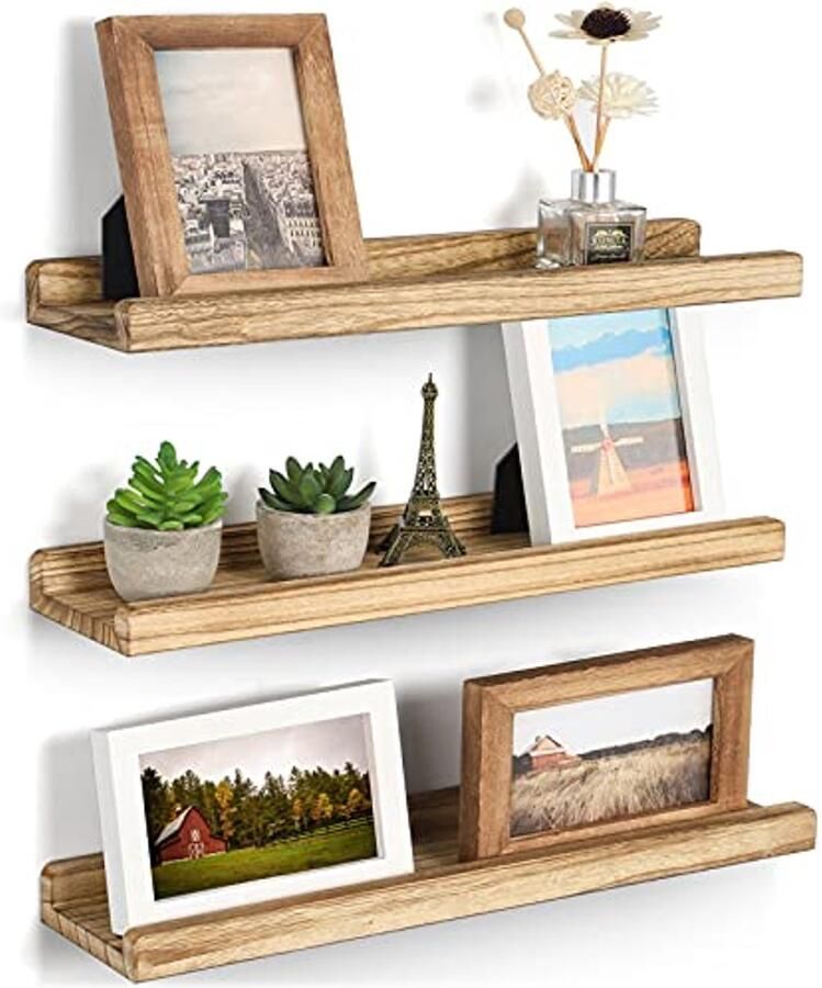 Wandrekken met lijst 42 9 cm Houten fotorek Rustieke zwevende planken Set van 3 voor opslag en presentatie Gecarboniseerd zwart