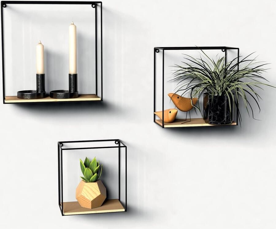 Industrieel Wandrek Set van 3 Zwevend Wandrek van Metaal en Hout Hangende Wandkast Zwart