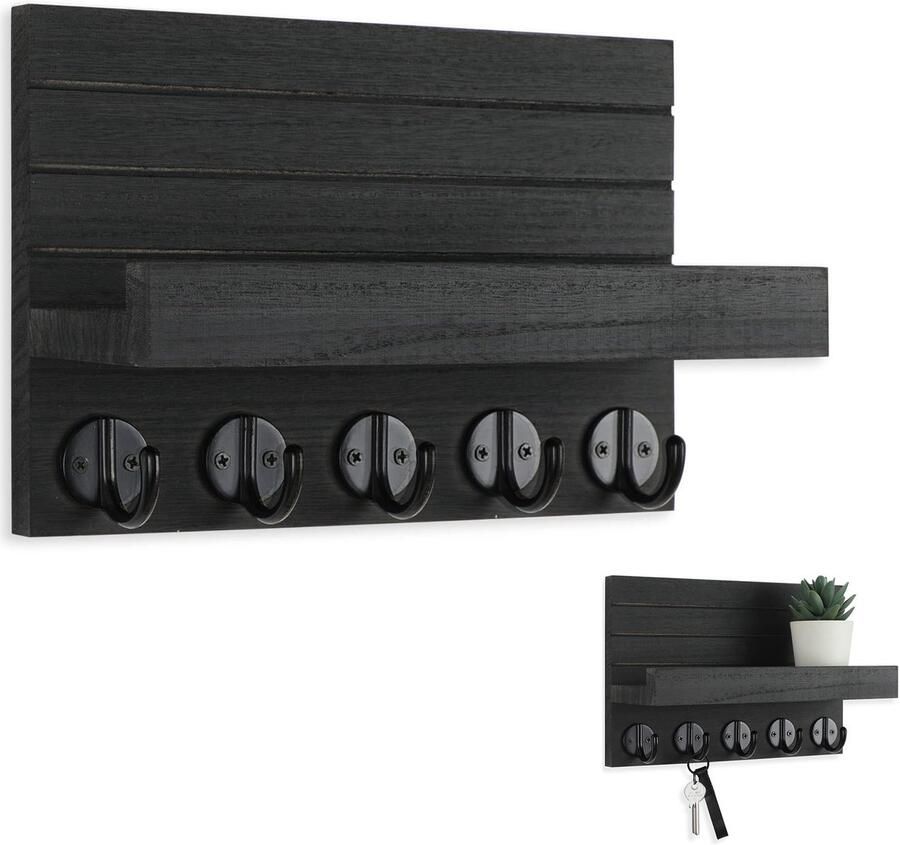 Wandsleutelhanger Houten sleutelhanger voor aan de muur Wandhaak met plankje Decoratief wandrek Met 5 haken Geschikt voor het ophangen van tassen hoeden jassen paraplu's sleutels Zwart