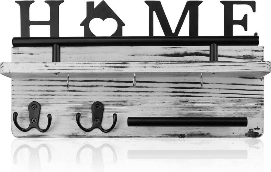 Wandsleutelhouder houten sleutelrek met 5 haken houten wandsleutelhouder voor entree voordeur hal slaapkamer woondecoratie Wit