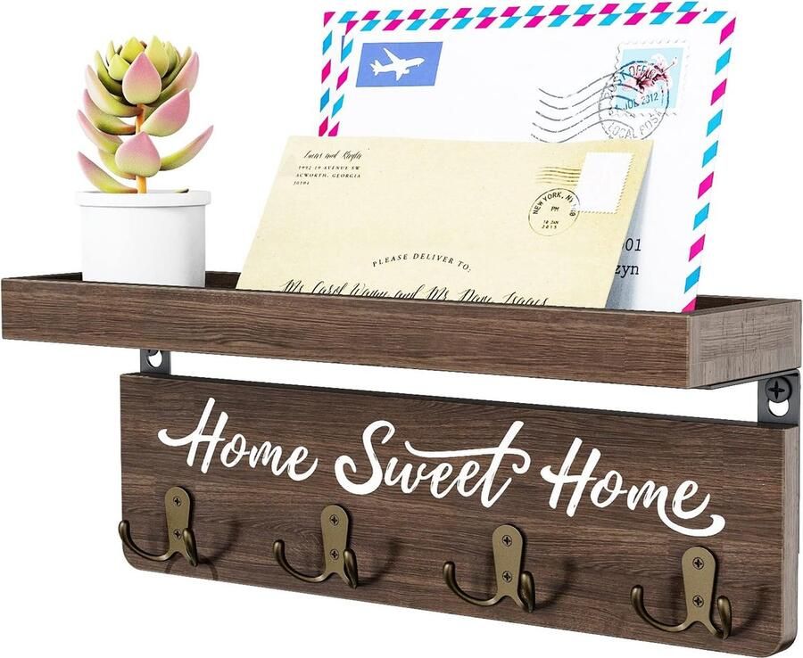 Wandsleutelrek en posthouder houten sleutelhouder met 4 dubbele sleutelhaken rustiek sleutelrek met plankhuisdecoratie voor entree