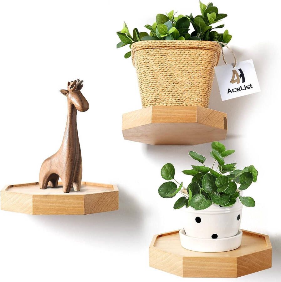 Wandstelling hout zwevende plank wandplank achthoekig wandplank klein planken wandplanken -decoratief rek plantenrek houten rek wandplank hangplank set van 3 lichtgeel (diameter