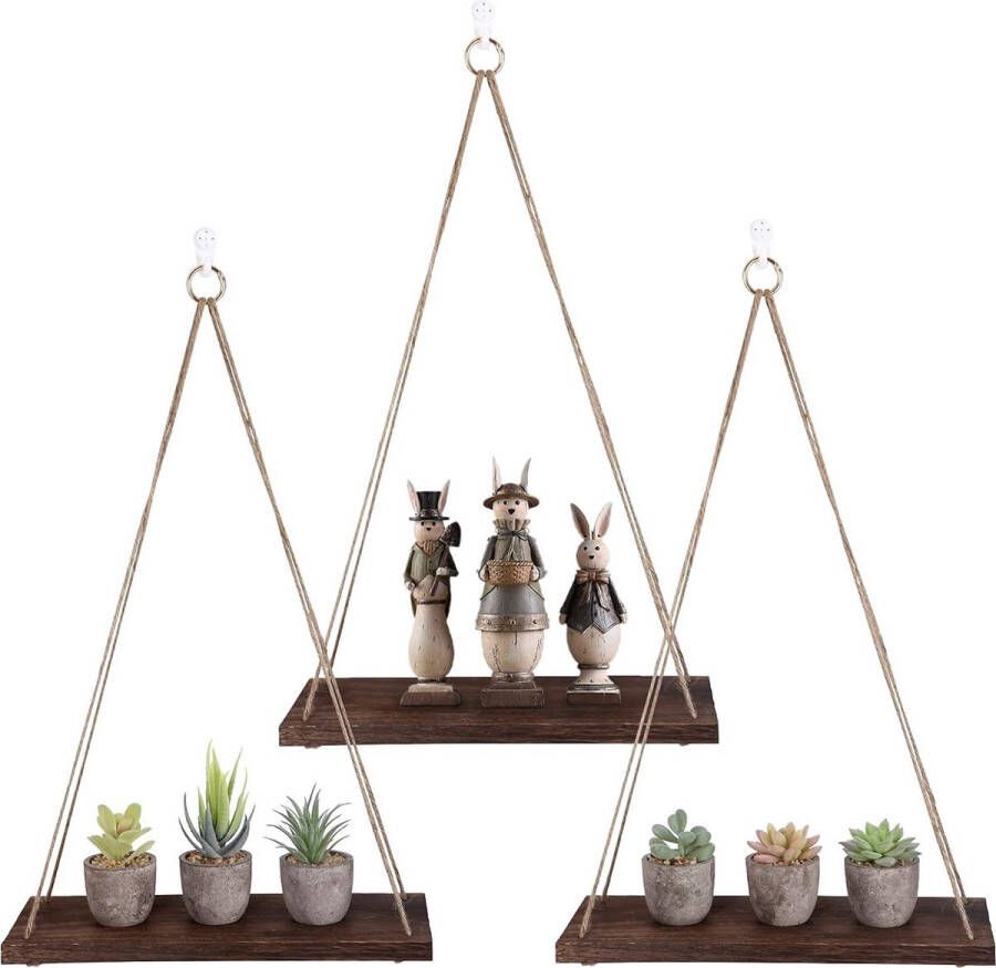 Wandstelling houten plank 3 stuks wanddecoratie boho-decoratie hangende houten plank zwevende plank houten zwevende plank macramé plank voor woonkamer slaapkamer muur boho