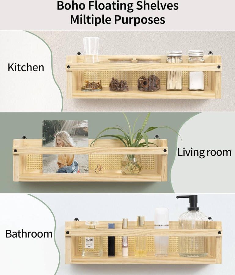 Wandstelling voor kinderkamer hout set van 2 boekenplanken in rotan rasterdesign zwevende plank voor organizer keuken kruidenrek wanddecoratie opbergruimte badkamer woonkamer