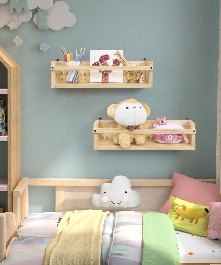 Wandstelling voor kinderkamer hout set van 2 boekenplanken in rotan rasterdesign zwevende plank voor organizer keuken kruidenrek wanddecoratie opbergruimte badkamer woonkamer