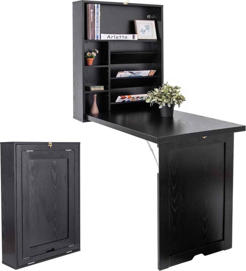Wandtafel inklapbaar wandklaptafel met 2 in hoogte verstelbare planken bartafel van hout computertafel met opbergruimte tafel ideaal voor keuken woonkamer werkkamer en bar (zwart)