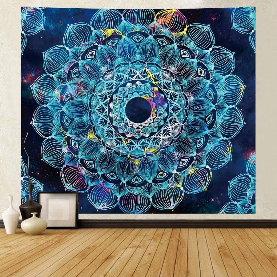 Wandtapijt mandala wandkleed Boheemse wanddoek esthetisch oosters decoratie wanddoek yoga psychedelisch decoratieve doek behang groot tafelkleed bed decoratie blauw 150 x 200 cm