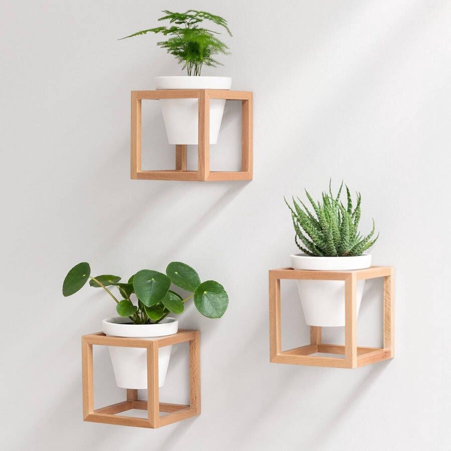 Lille Wandvazen hangende bloempotten in echt houten frame 3-delige bloempotset van keramiek en hout voor muur tafel en meer natuurbruin