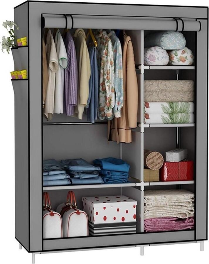 Wardrobe Clothes Storage Shelves with Side Pockets Non-woven Fabric Cover 105 * 45 * 170 CM Grey