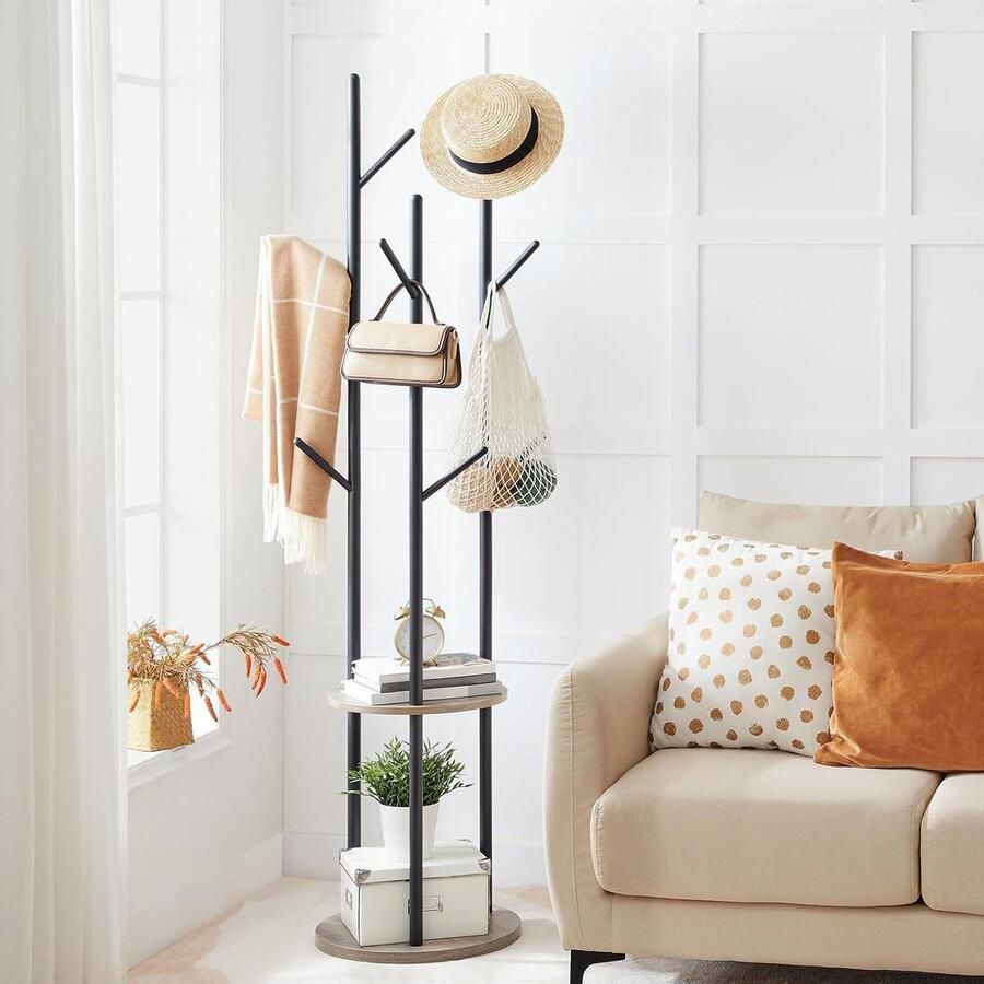 Wardrobe File Freestanding Clothes Rack Tree Shape with 8 Hooks 2 Round Shelves for Clothes Hat Bag Living Room Bedroom Office Greige-Black halmeubel met kapstok