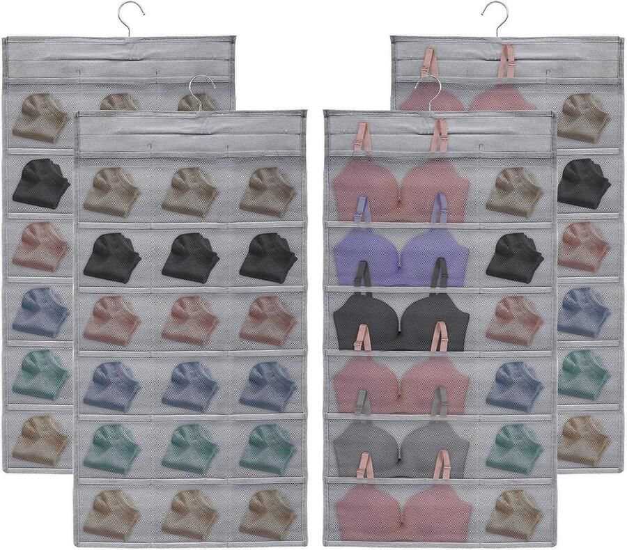 Wardrobe Organiser Hanging for Underwear Socks Bras 30 Pockets Double-Sided Storage Mesh Pockets Foldable Space Saving Hanging Organizer for Pantyhose Bra Ties Set of 2