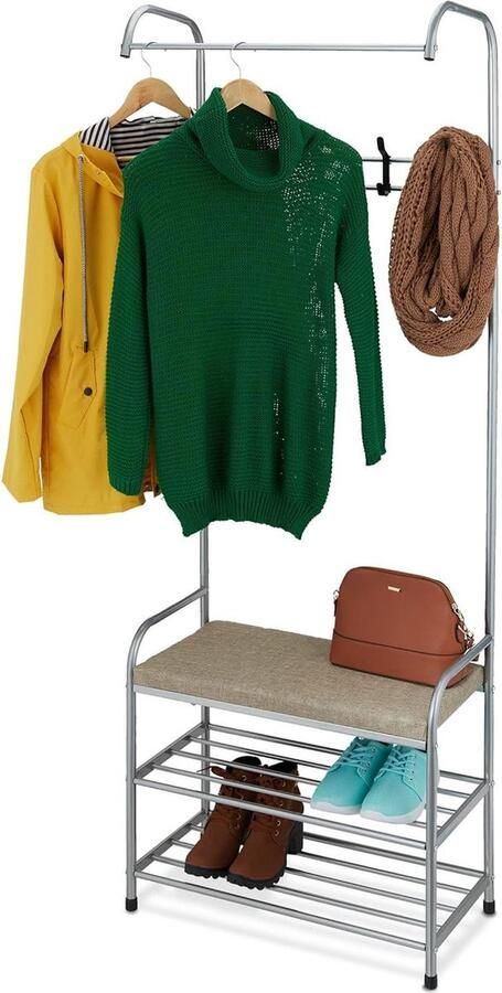 Wardrobe rack with shoe rack and bench Standing clothes rack with hooks 173x64x30cm grey halmeubel met kapstok