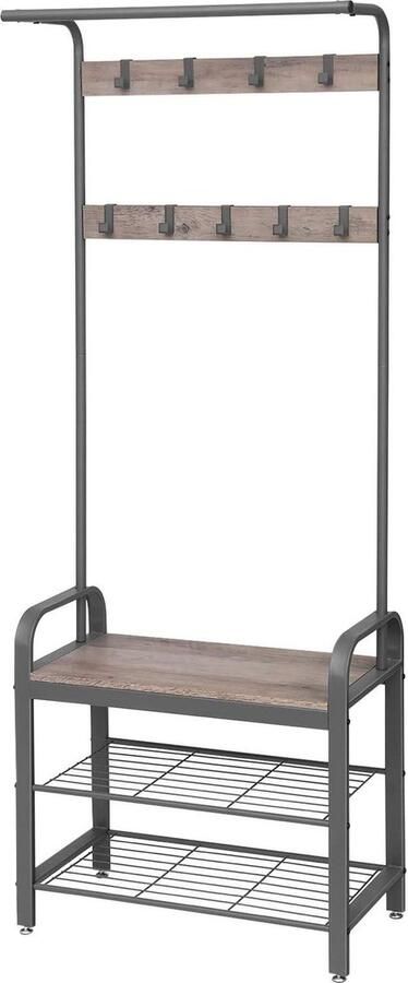 Wardrobe Shoe Rack with Seat and Clothes Rack 9 Removable Hooks Sofa 2 Grid Shelves Industrial Design Large Grey Color 183 cm High halmeubel met kapstok