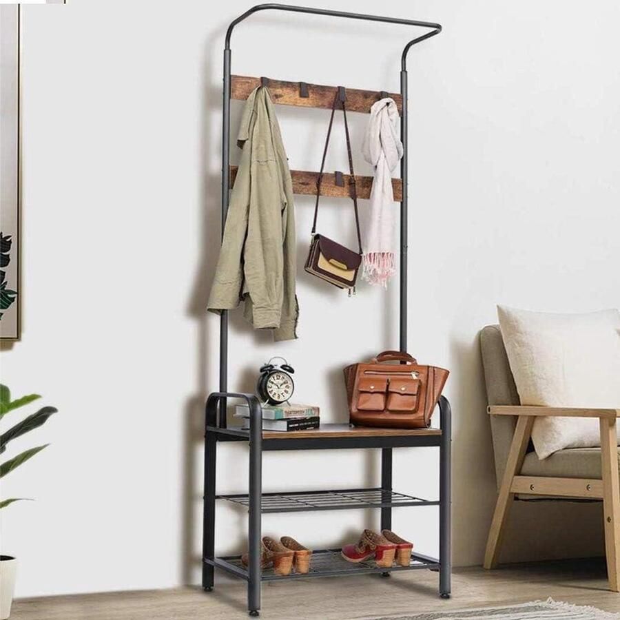 Wardrobe Stand with 9 Hooks Shoe Bench Metal 2 Shelves MDF Seat Dark Wood Modern Industrial Design 73 x 34 x 183 cm halmeubel met kapstok