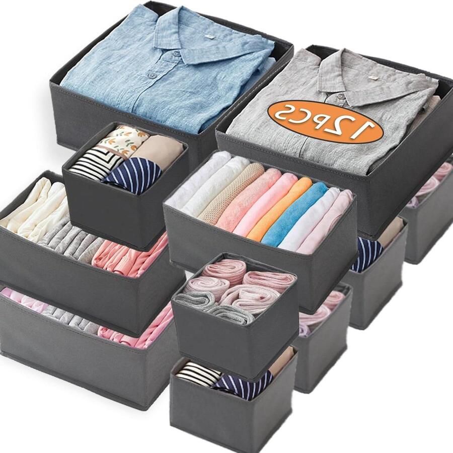 Wardrobe Storage System 12 Pieces Foldable Storage Box Closet Drawer Organizer Fabric Boxes for Bras Socks Ties Bedroom Kitchen (Grey)