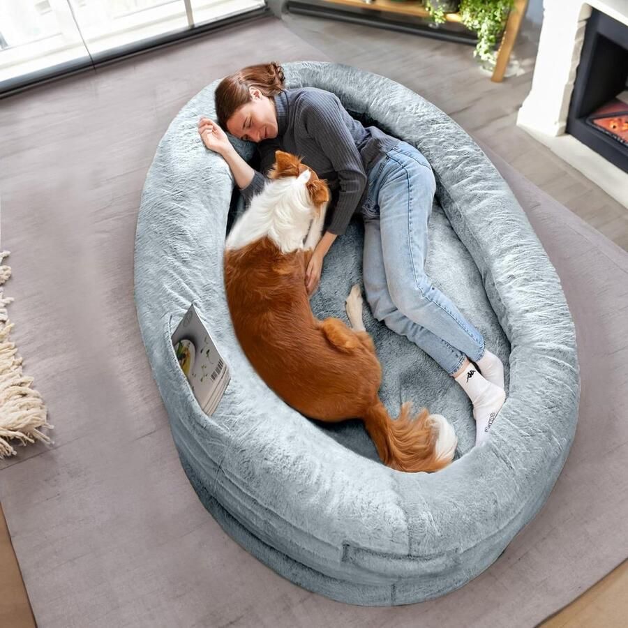 Adult & Pet Dog Bed Warm & Comfortable Bean Bag Bed Giant Bed for People & Pets Grey Removable Cover