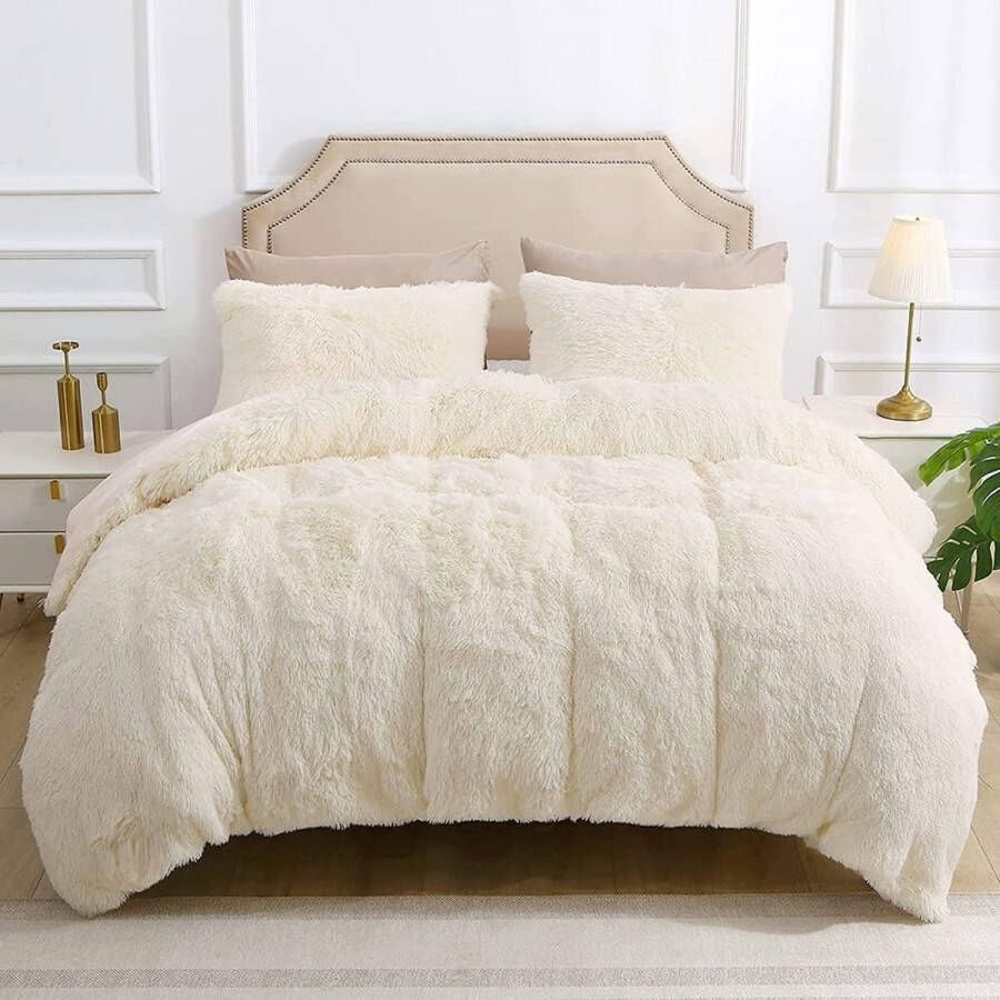 Warm Plush Bed Linen 135 x 200 cm Cream Fluffy Winter Duvet Cover Long Hair Fleece Plush Bedding Set with Zip Pillowcase 135 x 200 + 80 x 80 cm