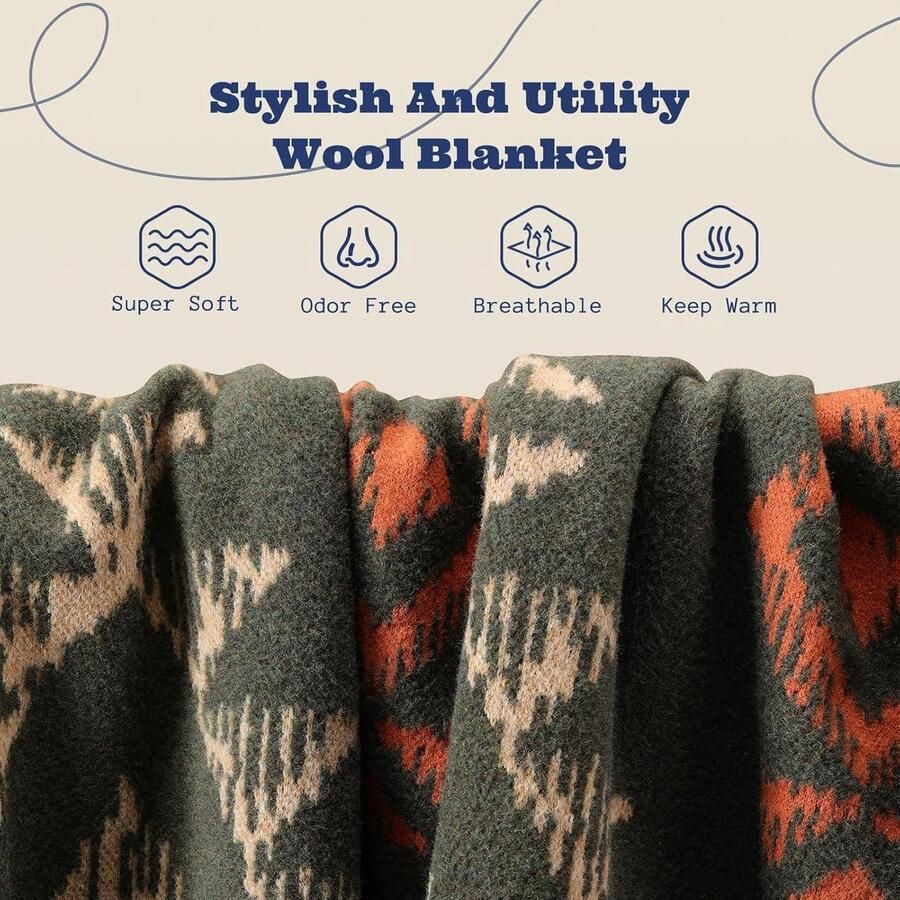 Warme Merino wollen deken dikke grote wasbare woondeken sprei voor slaapbank bank buiten picknick reizen camping het hele seizoen (160 x 200cm|Navajo stijl groen)
