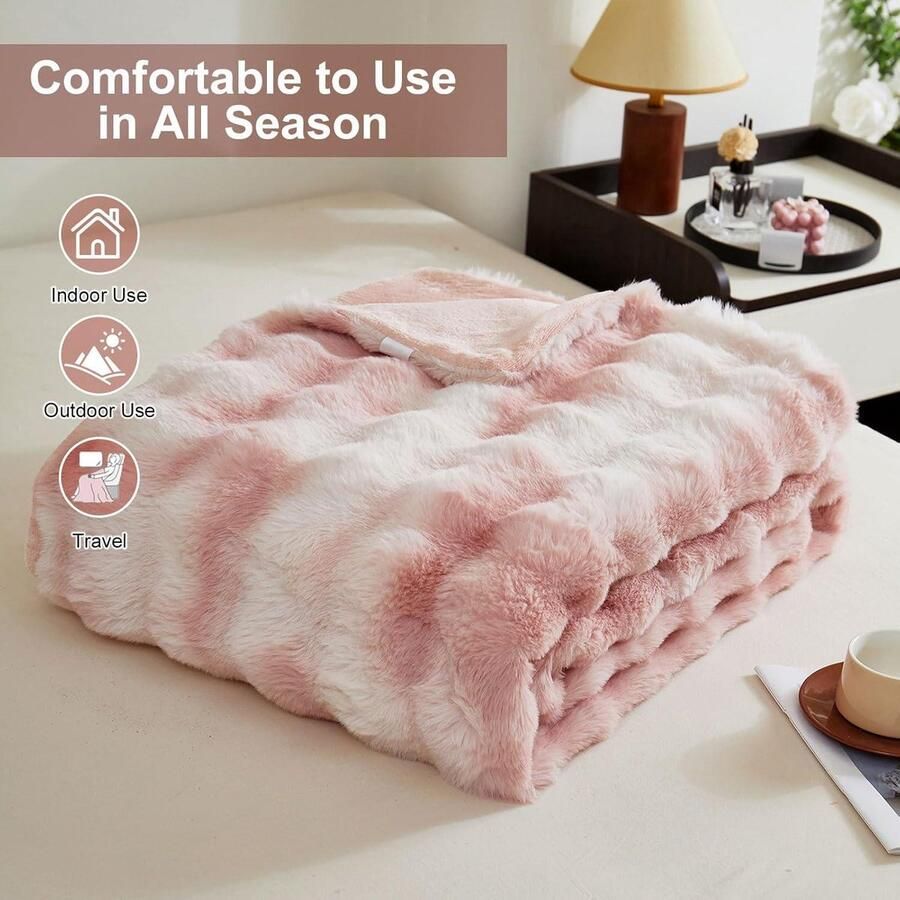 Warme pluche fleecedeken van konijn 1000 g m² dik en zacht voor bank roze 100 x 160 cm
