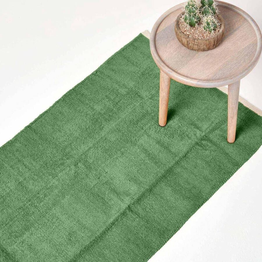 Wasbaar chenille tapijt loper 66 x 200 cm handgeweven van 100% katoen groen donker olijf