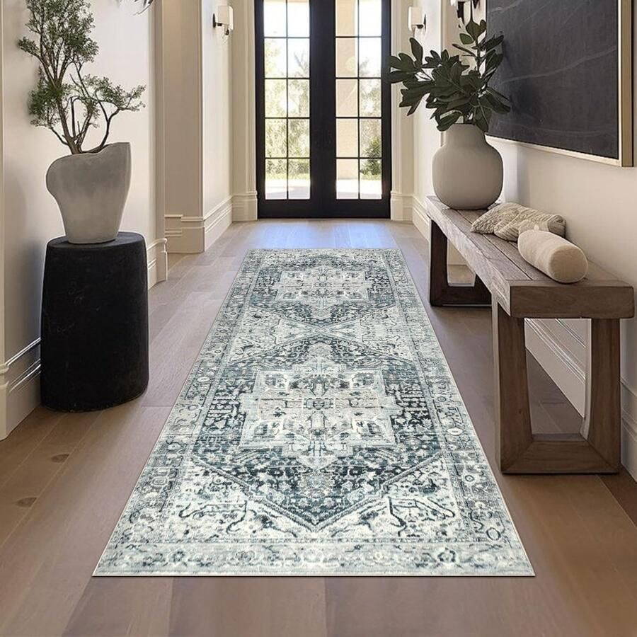 Wasbaar Loper Tapijt 80x200cm Antislip voor Entree Blauw Grijs