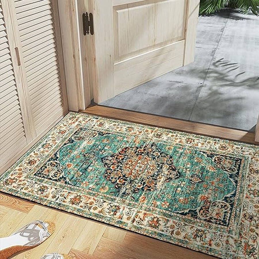 Wasbaar tapijt slaapkamer vintage laagpolig tapijt woonkamer antislip loper 60 x 110 cm vintage tapijt buitentapijt met oosters design klein binnentapijt blauw