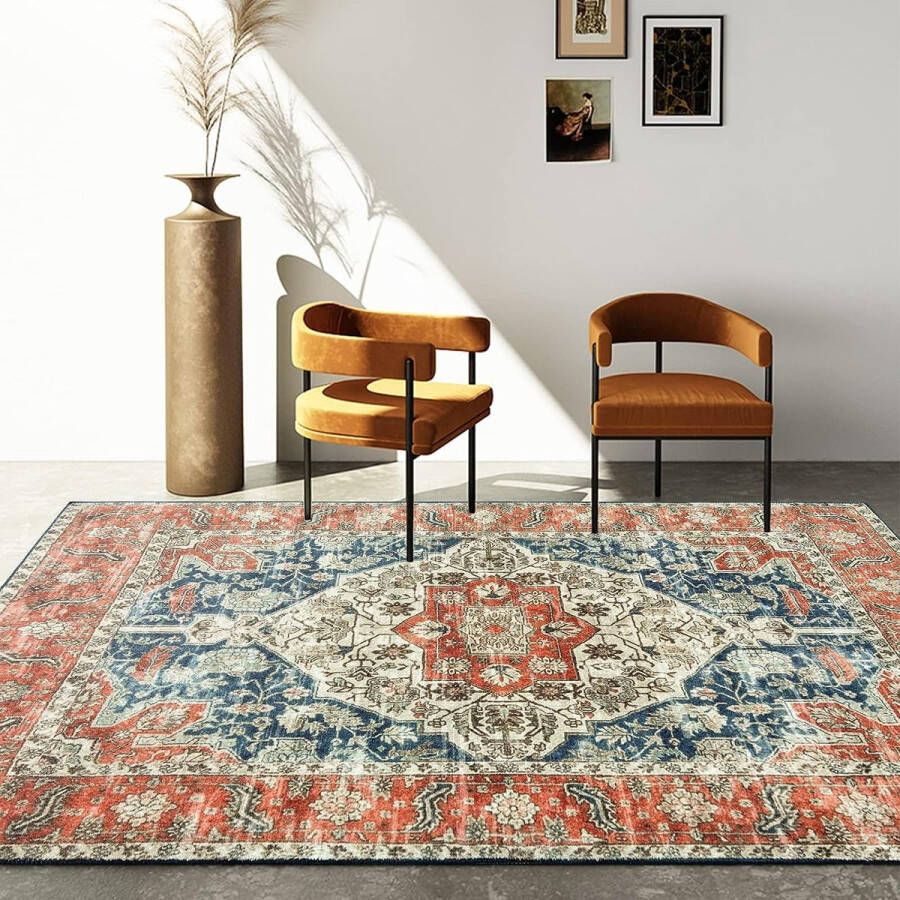 Wasbaar tapijt voor woonkamer 120 x 170 cm vintage laagpolig tapijt met oosters design groot zacht tapijt voor eetkamer slaapkamer antislip kunstwol boho outdoor tapijt oranje