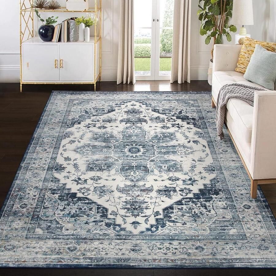 Wasbaar vintage oosterse noodlijdende boerderij groot vloerkleed 160 x 230 cm blauw rug van LuxFocus