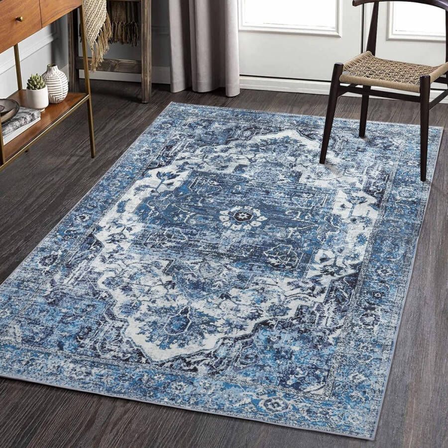 Wasbaar vintage tapijt in boho-stijl 120 x 170 cm antislip vuilafstotend voor binnen voor woonkamer slaapkamer thuiskantoor blauw
