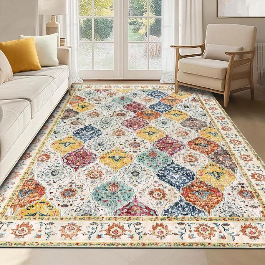 Wasbaar vintage vloerkleed met bloemenprint antislip ideaal voor woonkamer en slaapkamer