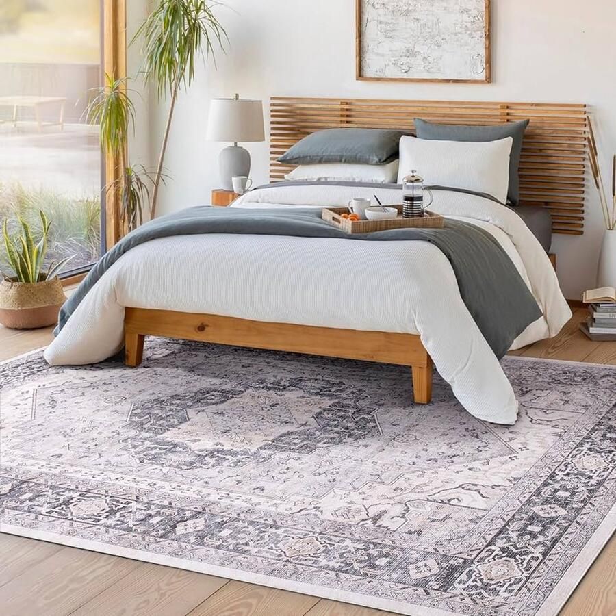 Wasbaar vloerkleed 150 x 210 cm Antislip grijs vintage medaillon tapijt