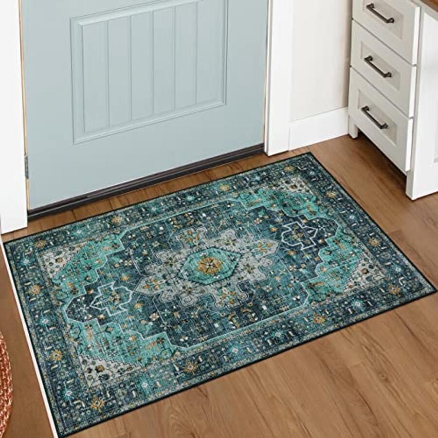 Wasbaar Vloerkleed 2 x 3 Stuks Groenblauw Klein Deurmat voor Binnen Boho Antislip Vlekbestendig Accent Tapijt voor Badkamer