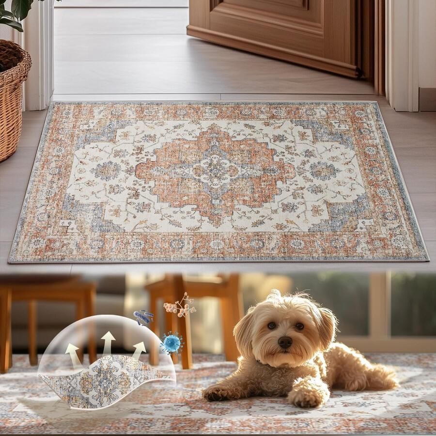 Wasbaar vloerkleed retro baksteenrood 120 x 180 cm polypropyleen